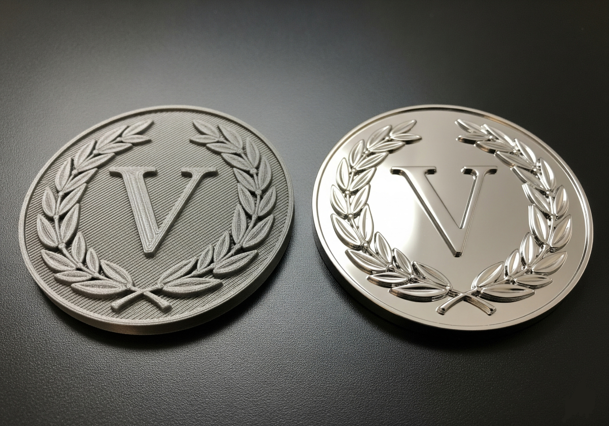 A collection of 3D printed parts, some in raw plastic and others finished with a shiny metallic electroplated coating.